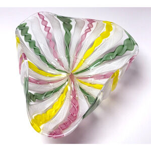 Vintage Murano Venetian Zanfirico Latticino Multicolor Ribbon Triangular Bowl